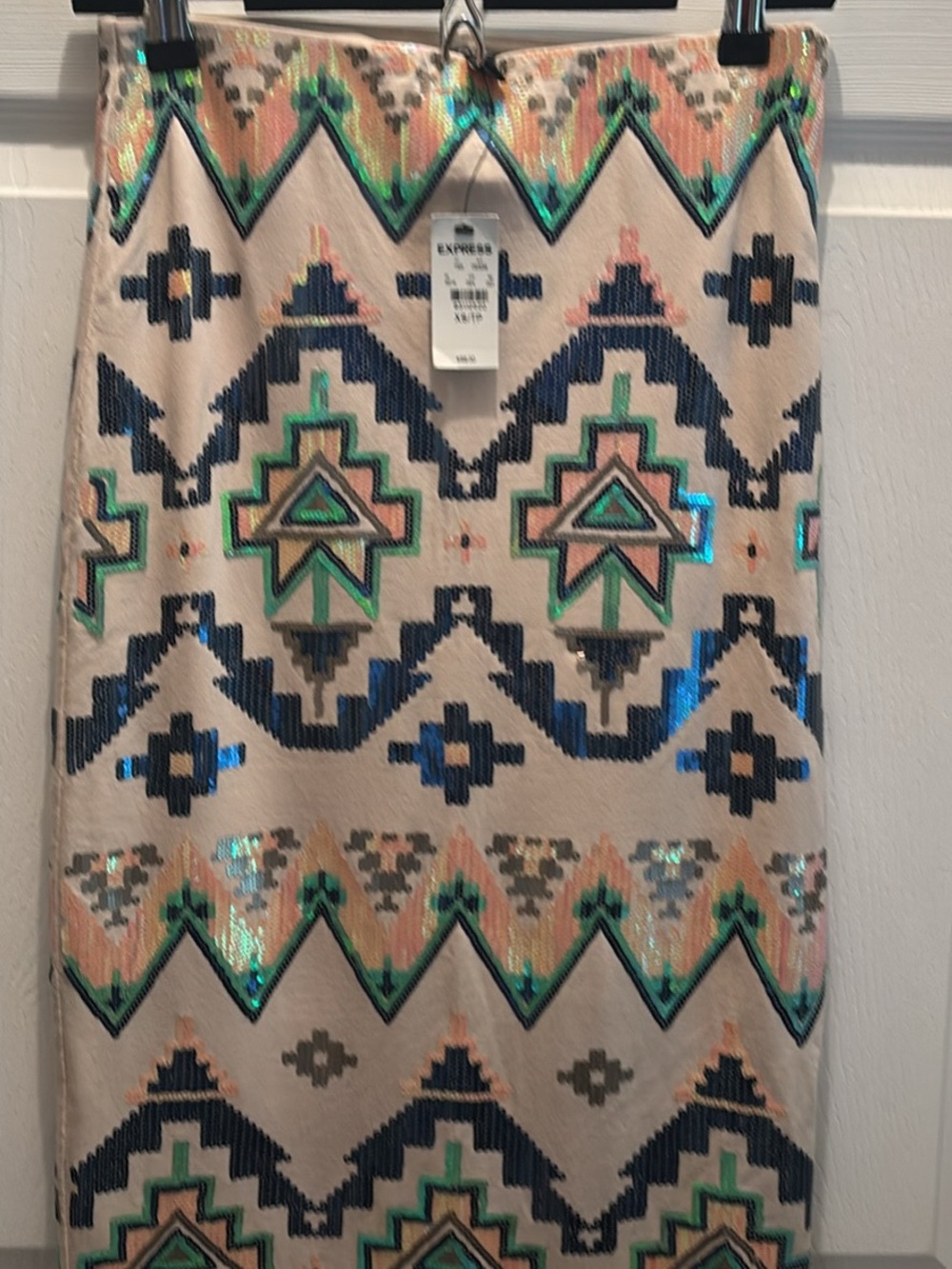 Express Sequin Aztec Pencil Skirt - Beige with Navy, Green & Peach